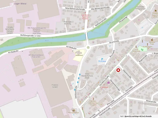Ausschnitt eines Stadtplans von Thale, eine Markierung zeigt die Lage des Geschäfts in der Karl-Marx-Straße 26.