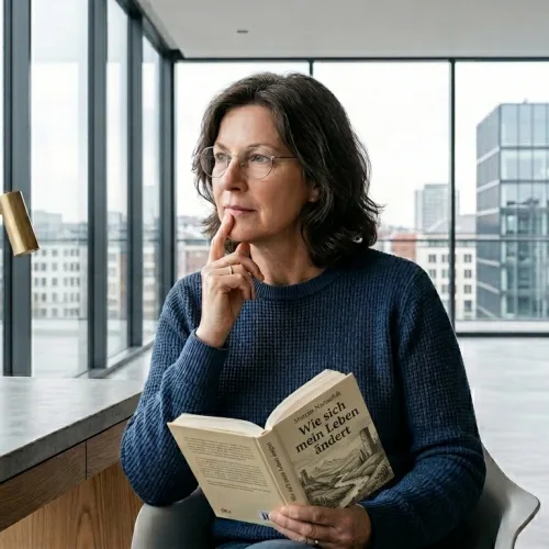 Eine Frau mit Brille sitzt mit einem aufgeschlagenen Buch in einem Sessel am Fenster, den Finger am Kinn, und blickt nachdenklich ins Weite.