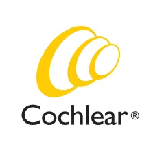 Firmenzeichen des Cochlea-Implantat-Herstellers Cochlear, eine gelbe Spirale über dem Schriftzug.